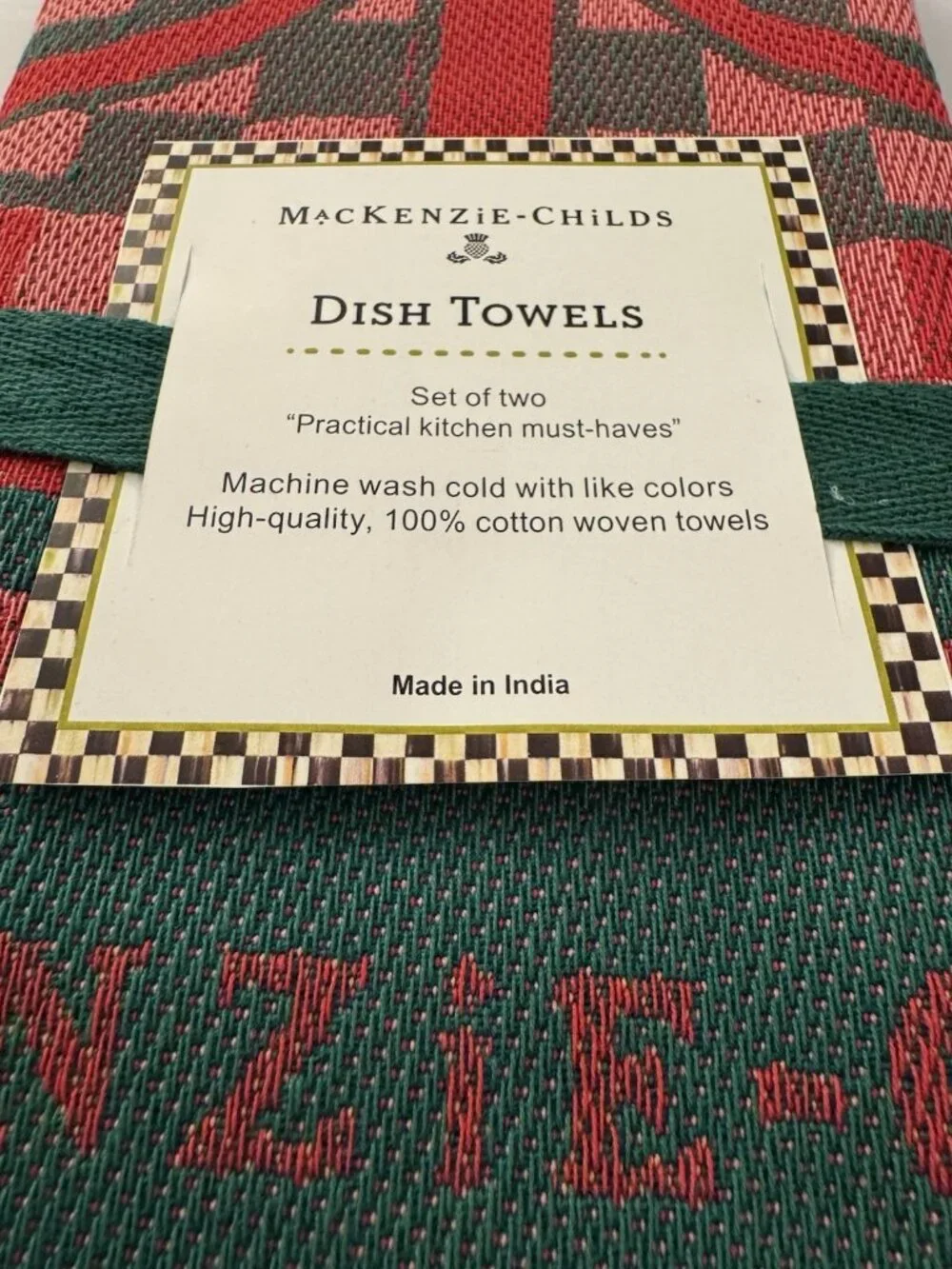 MacKenzie Childs Red Green Check Tree Holiday Cotton Hand Towel 2 Pack New EB1